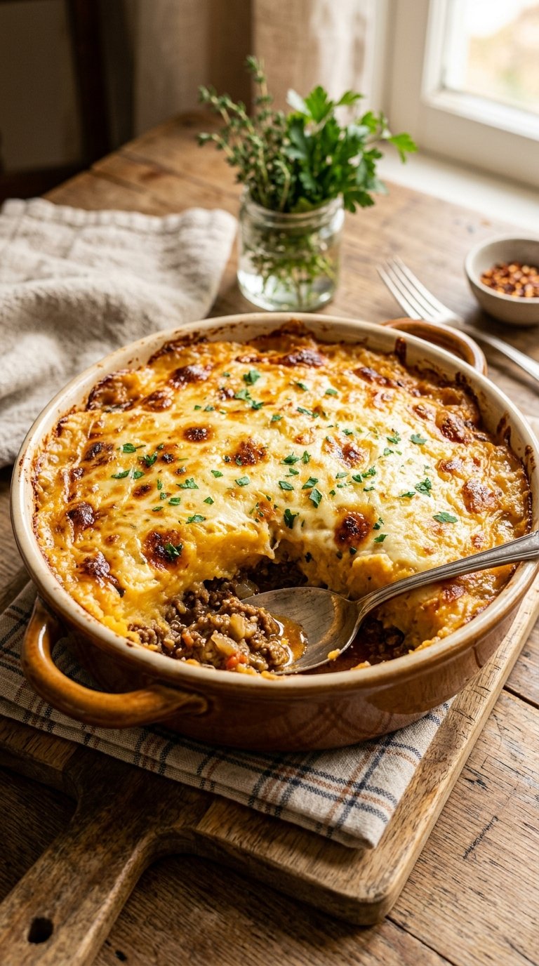 Escondidinho de Carne Moída com Purê de Mandioca Cremoso